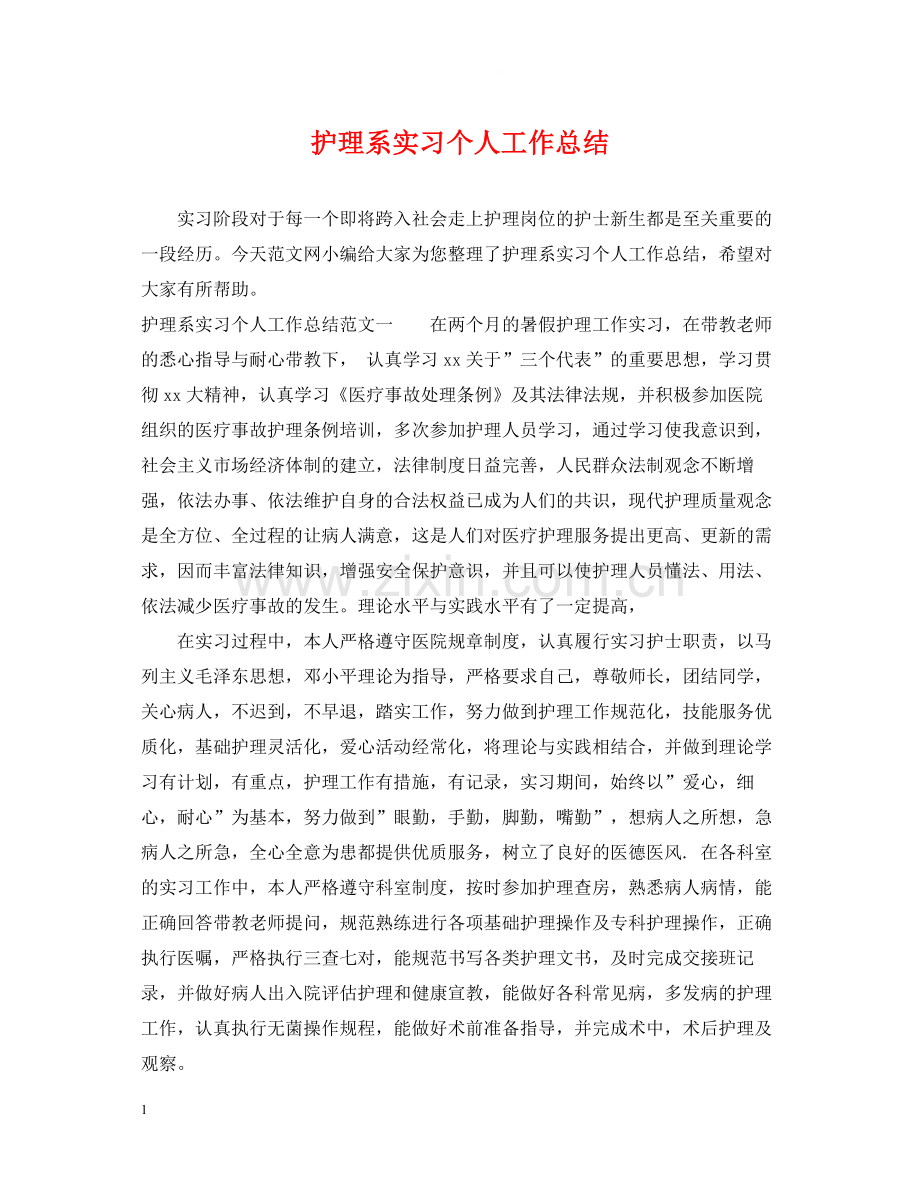 护理系实习个人工作总结.docx_第1页