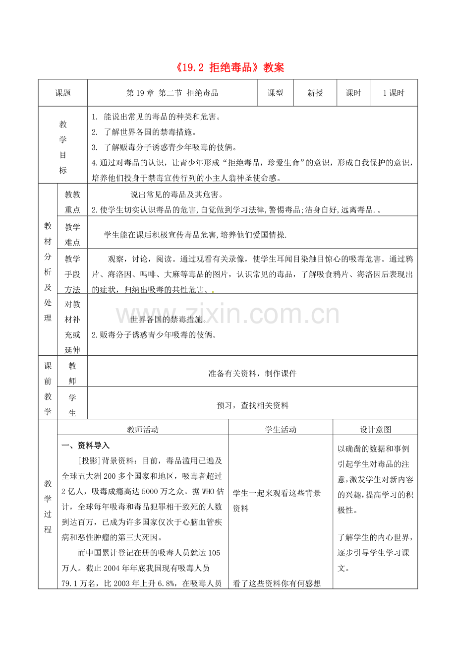 江苏省东台市唐洋镇中学八年级生物上册《19.2 拒绝毒品》教案 苏教版.doc_第1页