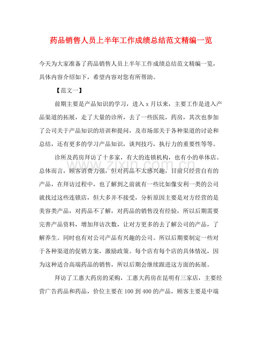 药品销售人员上半年工作成绩总结范文精编一览.docx_第1页