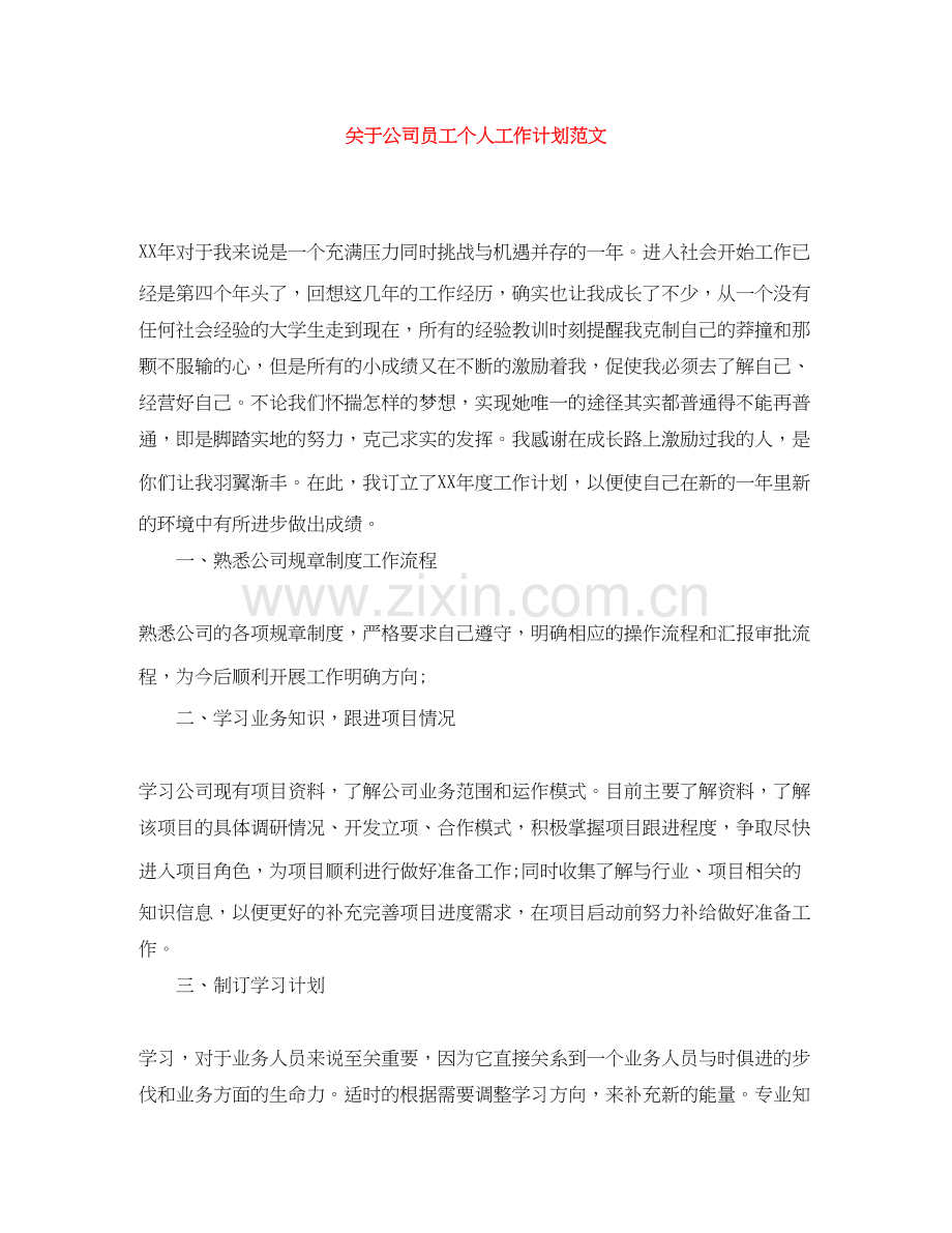 关于公司员工个人工作计划范文.docx_第1页