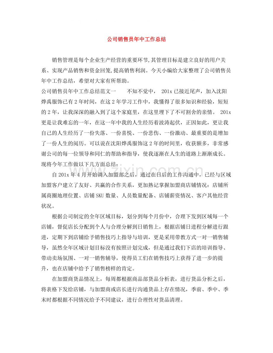 公司销售员年中工作总结.docx_第1页