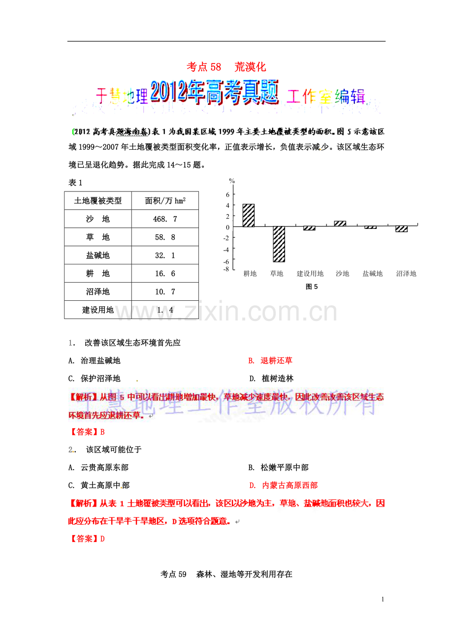 2012年高考地理试题解析分项版之专题13-区域可持续发展(教师版).doc_第1页