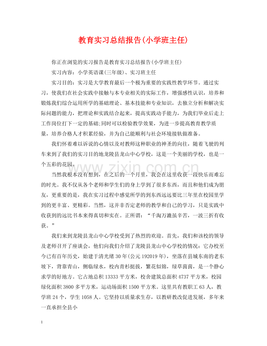 教育实习总结报告小学班主任).docx_第1页
