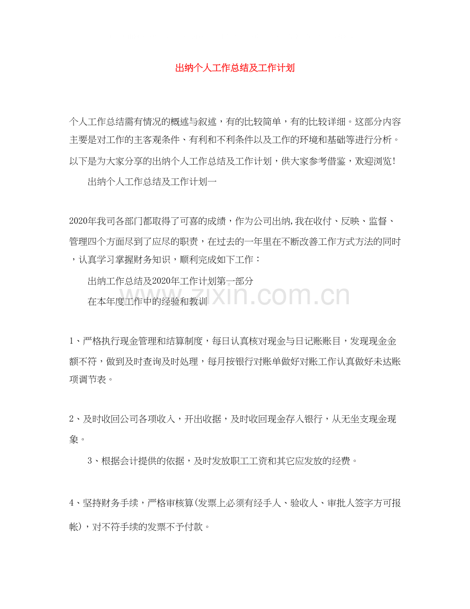 出纳个人工作总结及工作计划.docx_第1页