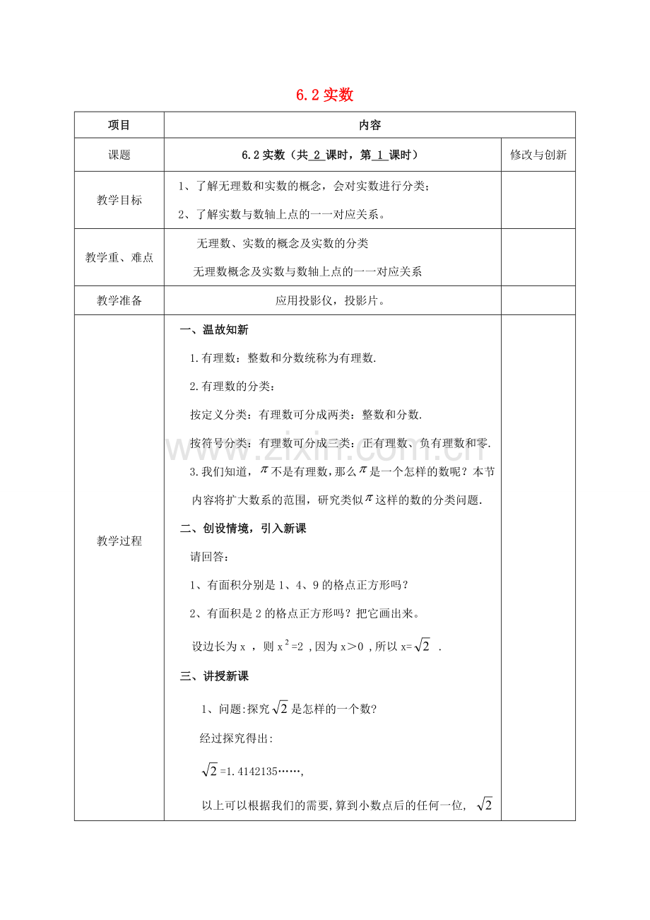 七年级数学下册 第6章 实数 6.2 实数教案 （新版）沪科版-（新版）沪科版初中七年级下册数学教案.doc_第1页