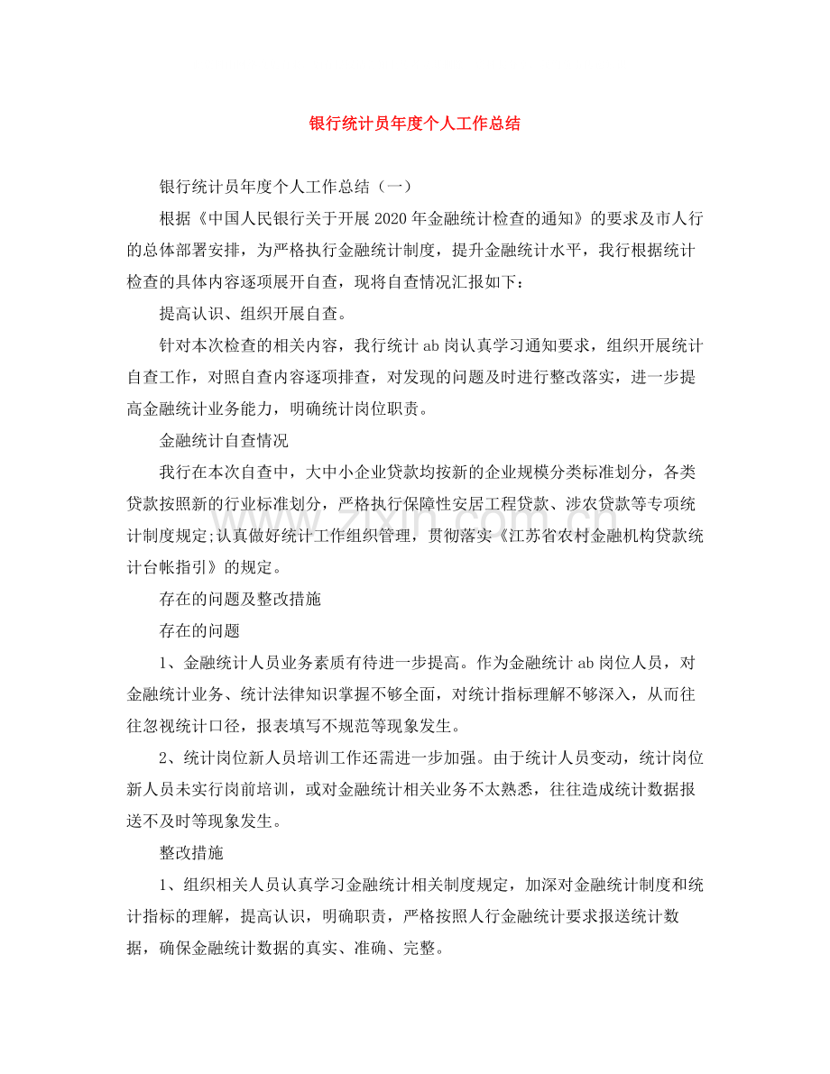 银行统计员年度个人工作总结.docx_第1页
