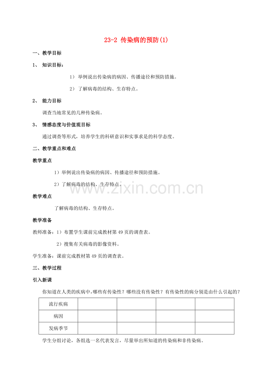 【苏科版八年级下册】第23章 人类对疾病的抵御：23-2 传染病的预防(1).doc_第1页