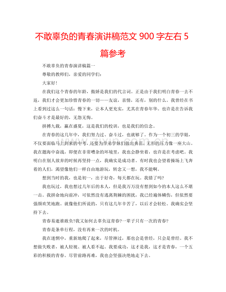 不敢辜负的青春演讲稿范文900字左右5篇参考.doc_第1页