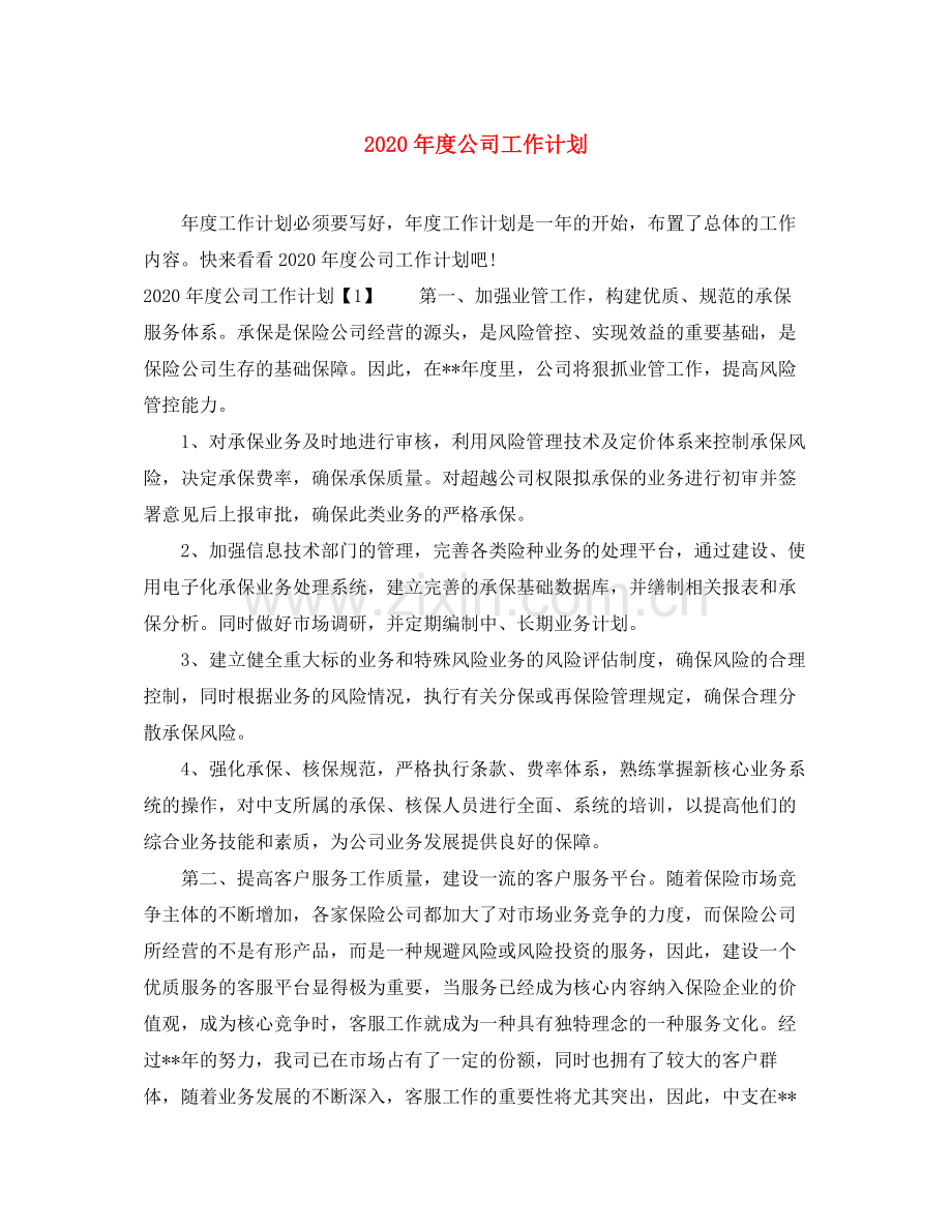 2020年度公司工作计划.docx_第1页
