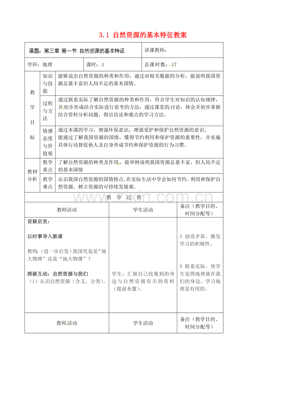 吉林省四平市第十七中学八年级地理上册 3.1 自然资源的基本特征教案 新人教版.doc_第1页
