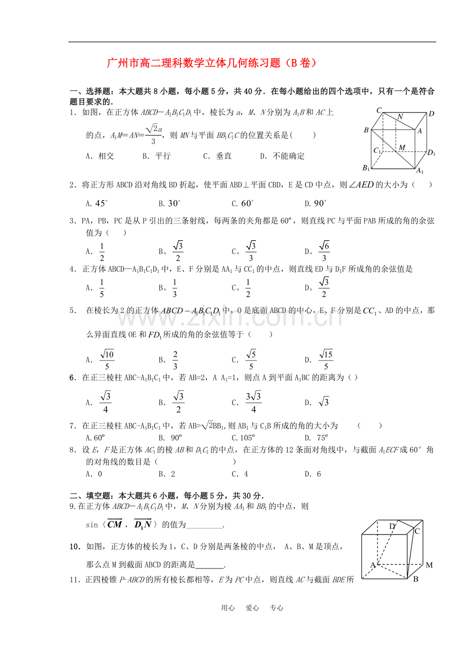 广东省广州市2010年高二数学立体几何练习题(B卷)理科-新人教A版选修2-1.doc_第1页