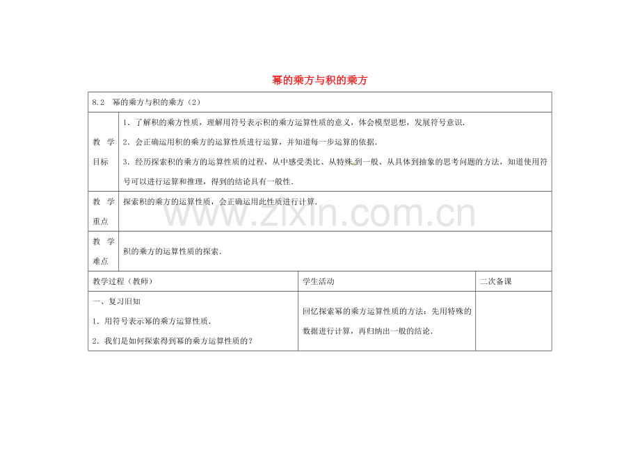 七年级数学下册 8.2 幂的乘方与积的乘方教案2 （新版）苏科版-（新版）苏科版初中七年级下册数学教案.doc_第1页