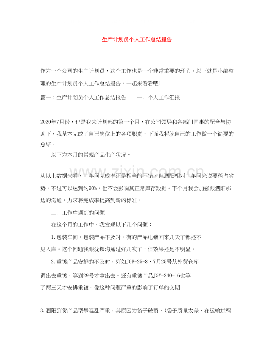 生产计划员个人工作总结报告.docx_第1页