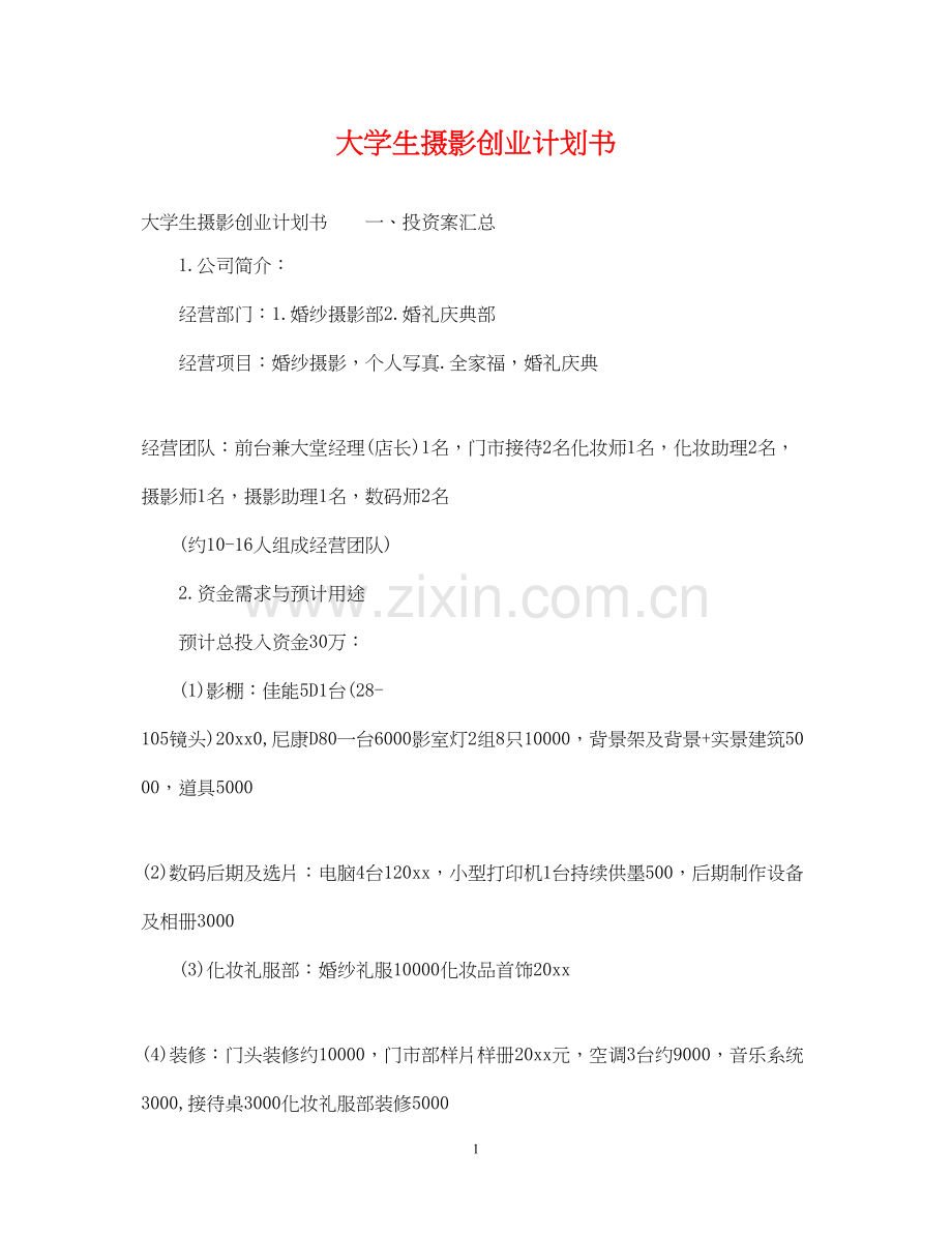大学生摄影创业计划书.docx_第1页