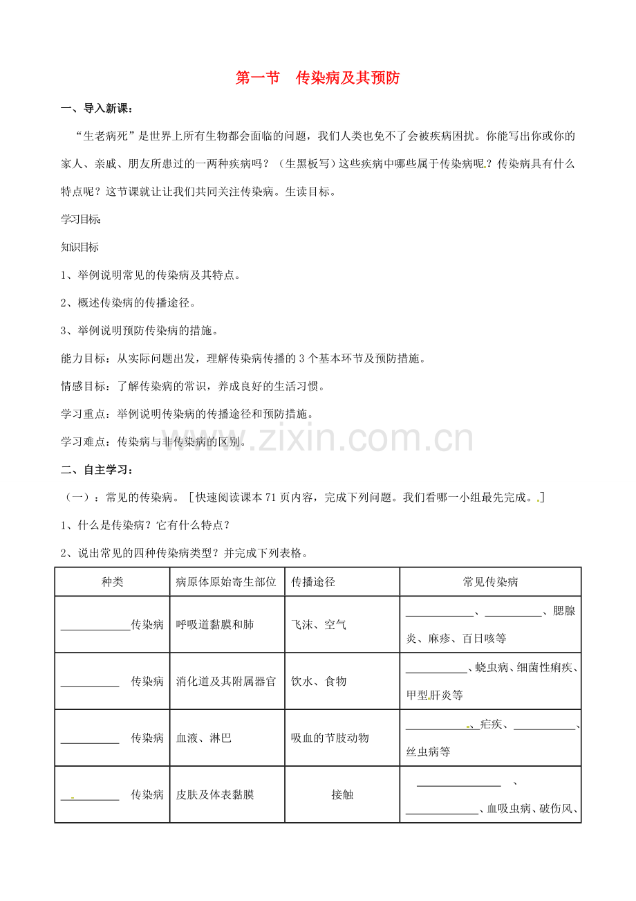 八年级生物下册 8.1.1 传染病及其预防教案1 新人教版.doc_第1页