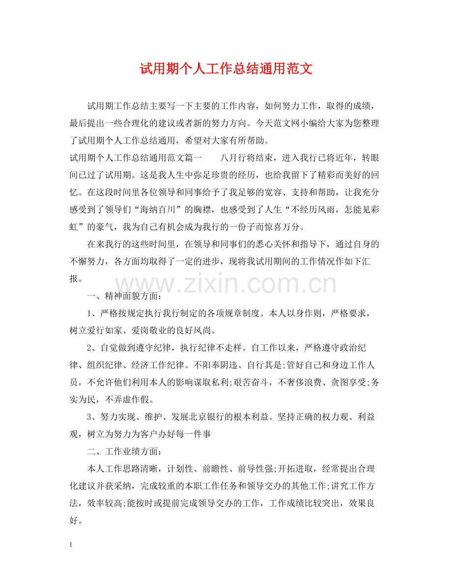 试用期个人工作总结通用范文.docx_第1页