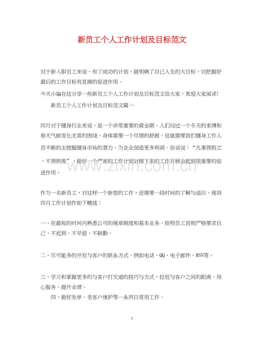 新员工个人工作计划及目标范文.docx_第1页