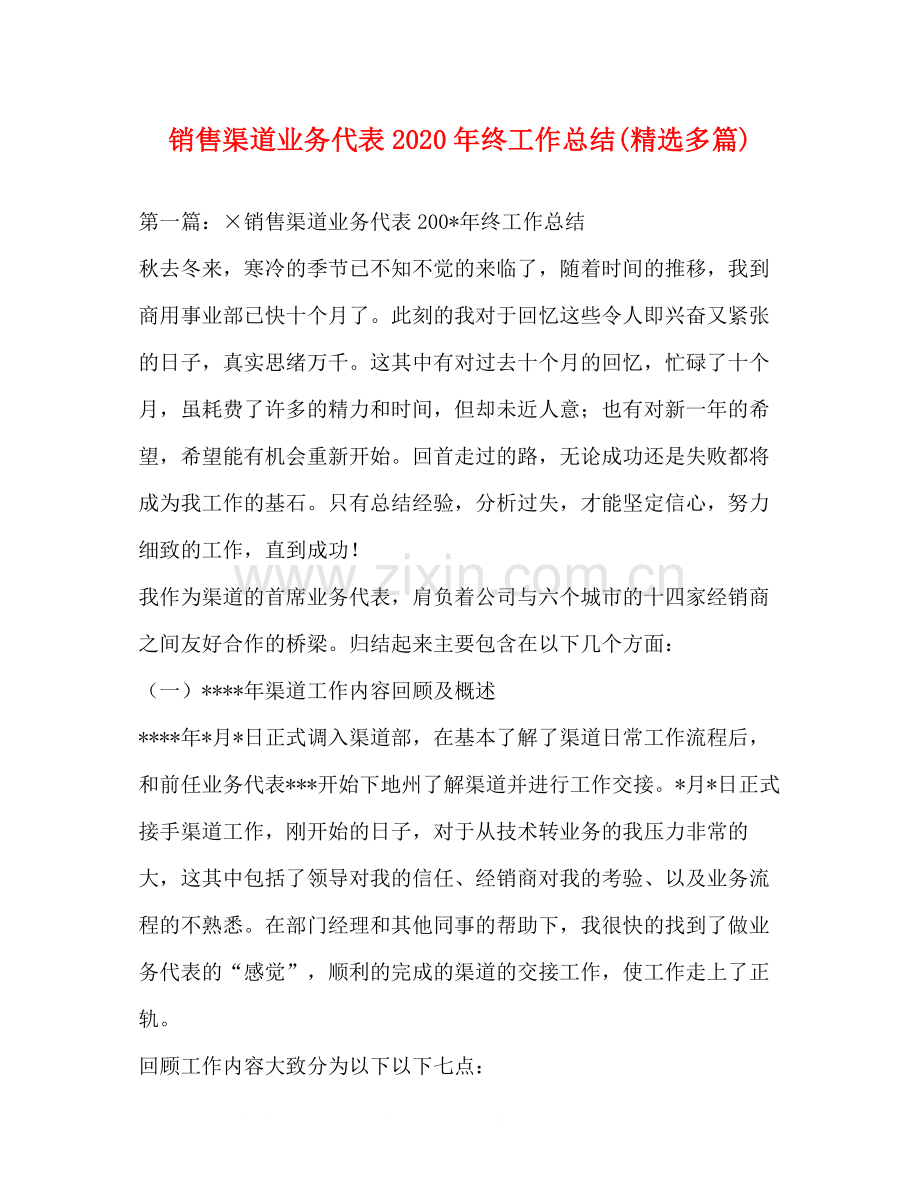 销售渠道业务代表年终工作总结多篇).docx_第1页