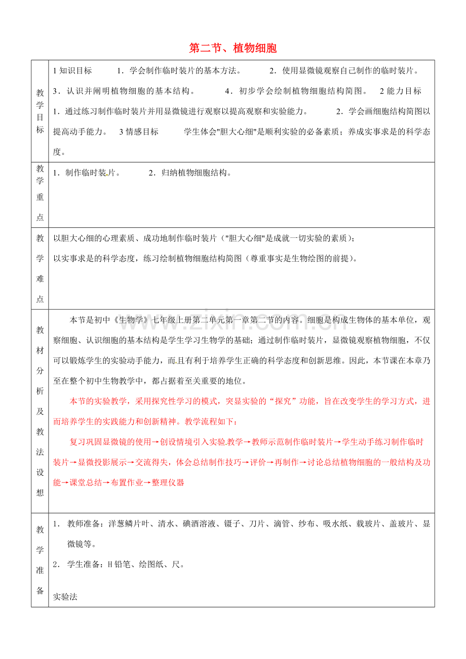 七年级生物上册《2.1.2 植物细胞》教案 （新版）新人教版-（新版）新人教版初中七年级上册生物教案.doc_第1页