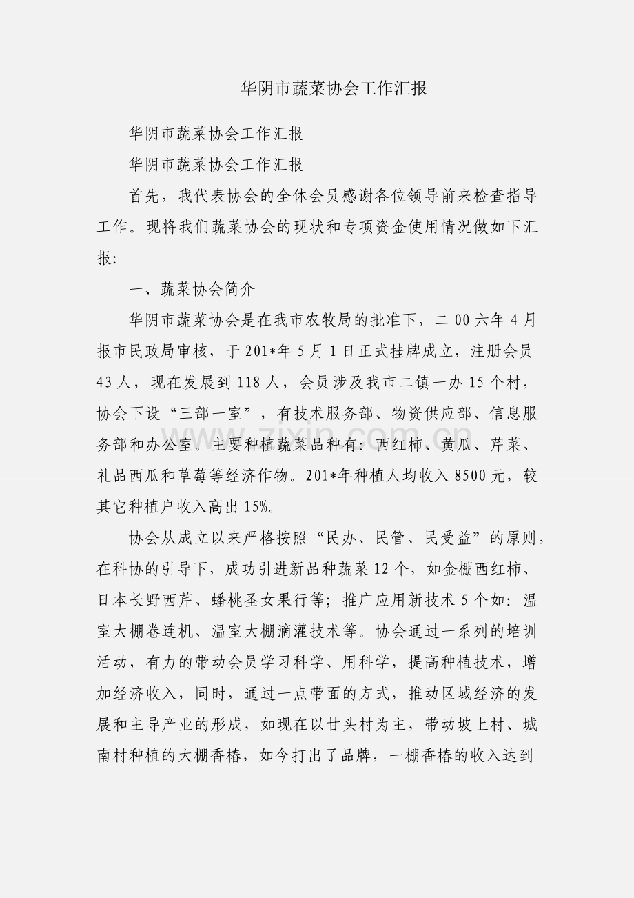 华阴市蔬菜协会工作汇报.docx_第1页
