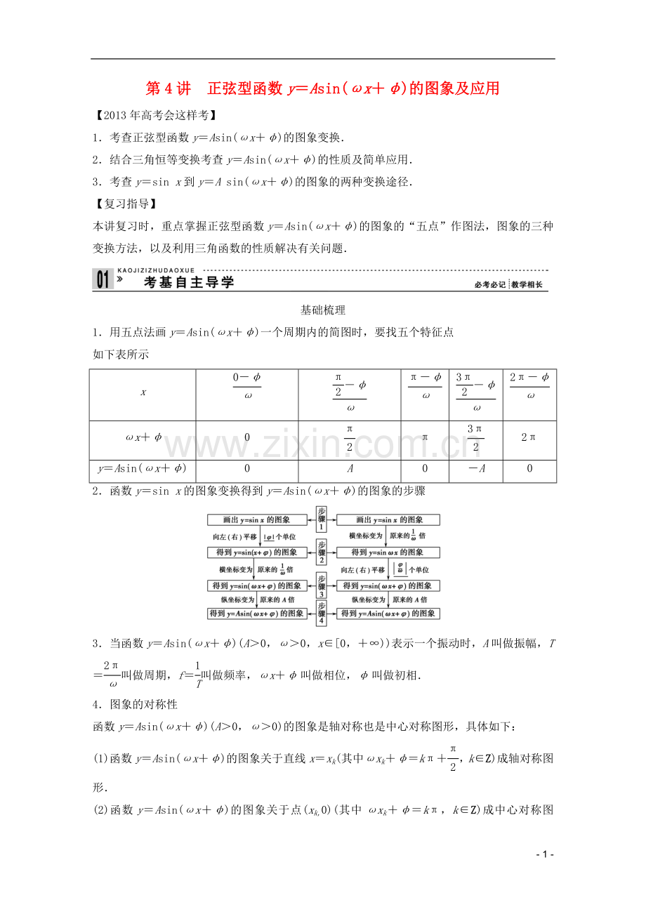 2013高考数学一轮复习-第四篇三角函数、解三角形第4讲-正弦型函数y=Asin(ωx+φ)的图象及应用教案-理.doc_第1页