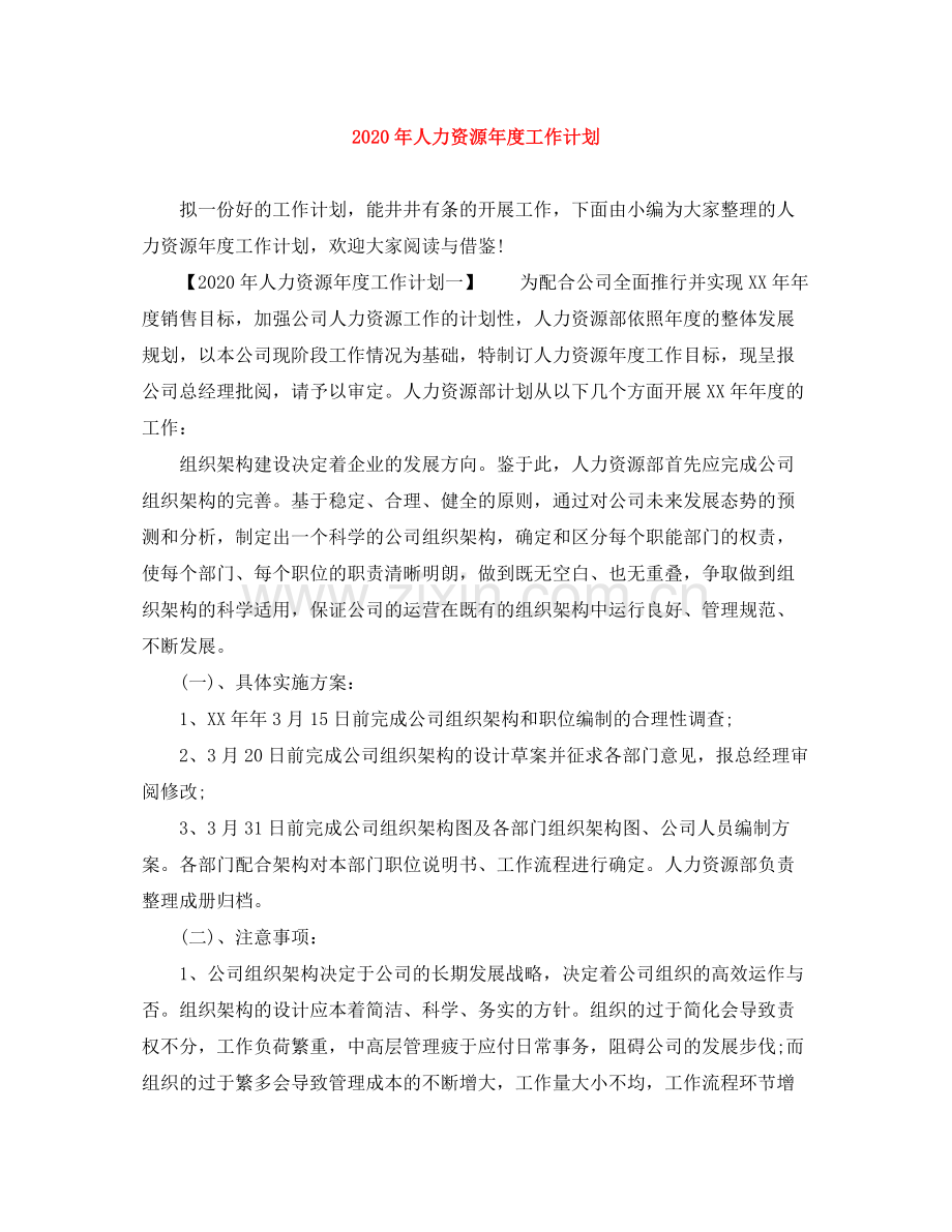 2020年人力资源年度工作计划.docx_第1页