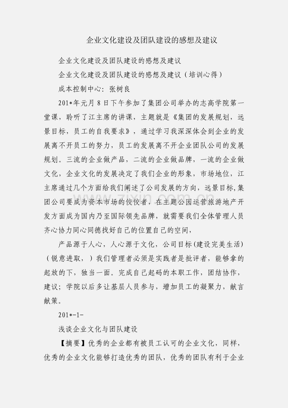 企业文化建设及团队建设的感想及建议.docx_第1页