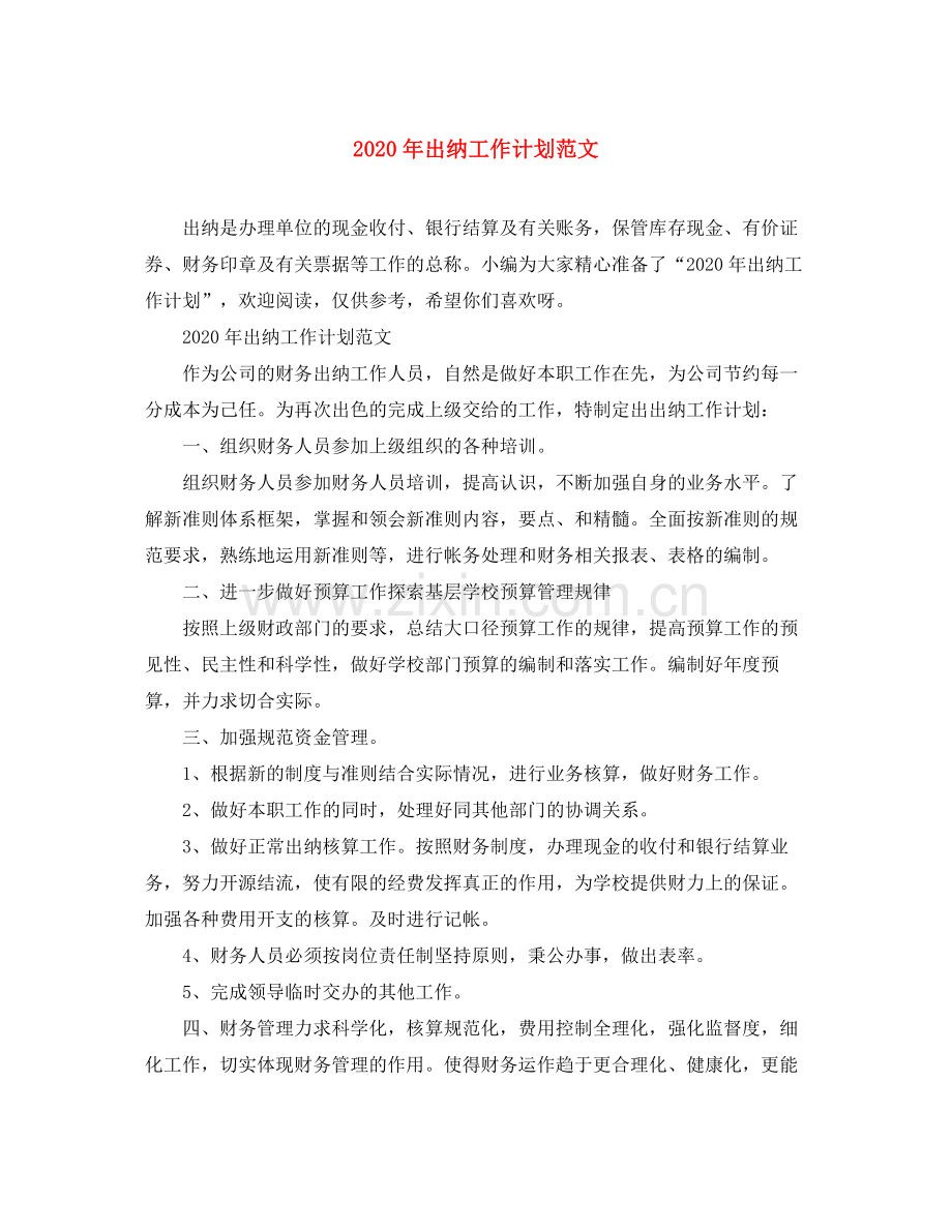 2020年出纳工作计划范文.docx_第1页
