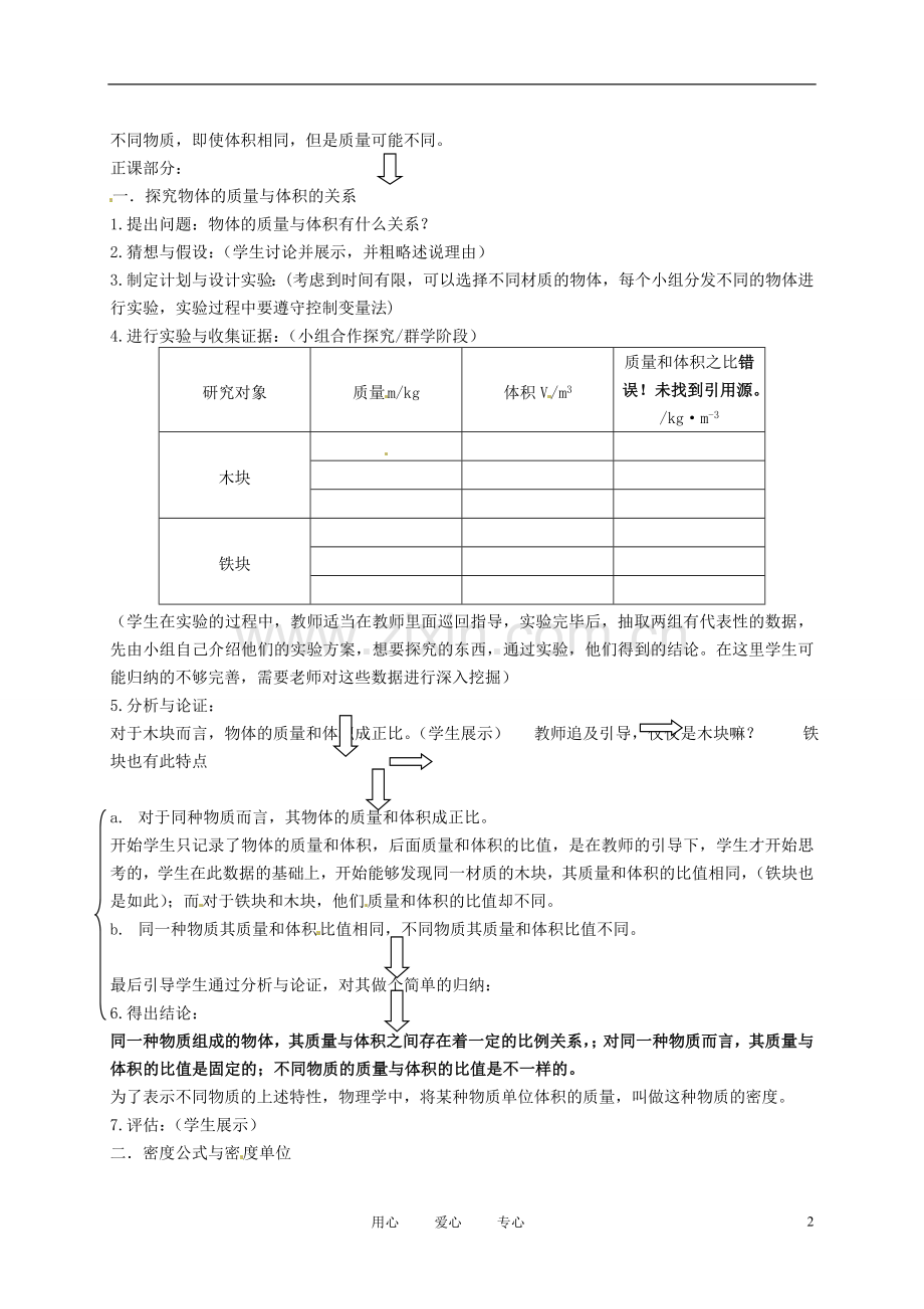 江西省新余九中八年级物理《5.2探究物质的密度》教案-粤教沪版.doc_第2页