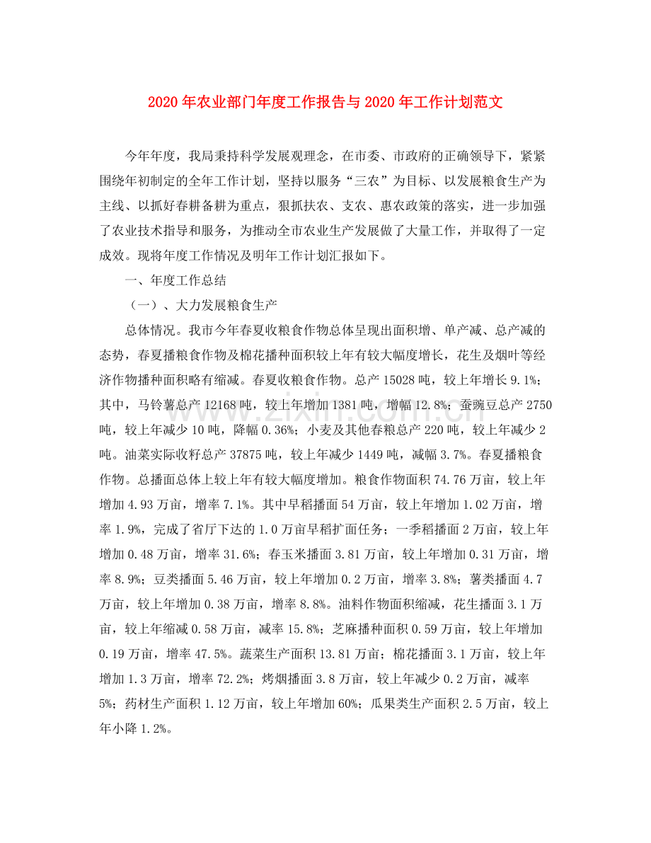 2020年农业部门年度工作报告与年工作计划范文.docx_第1页