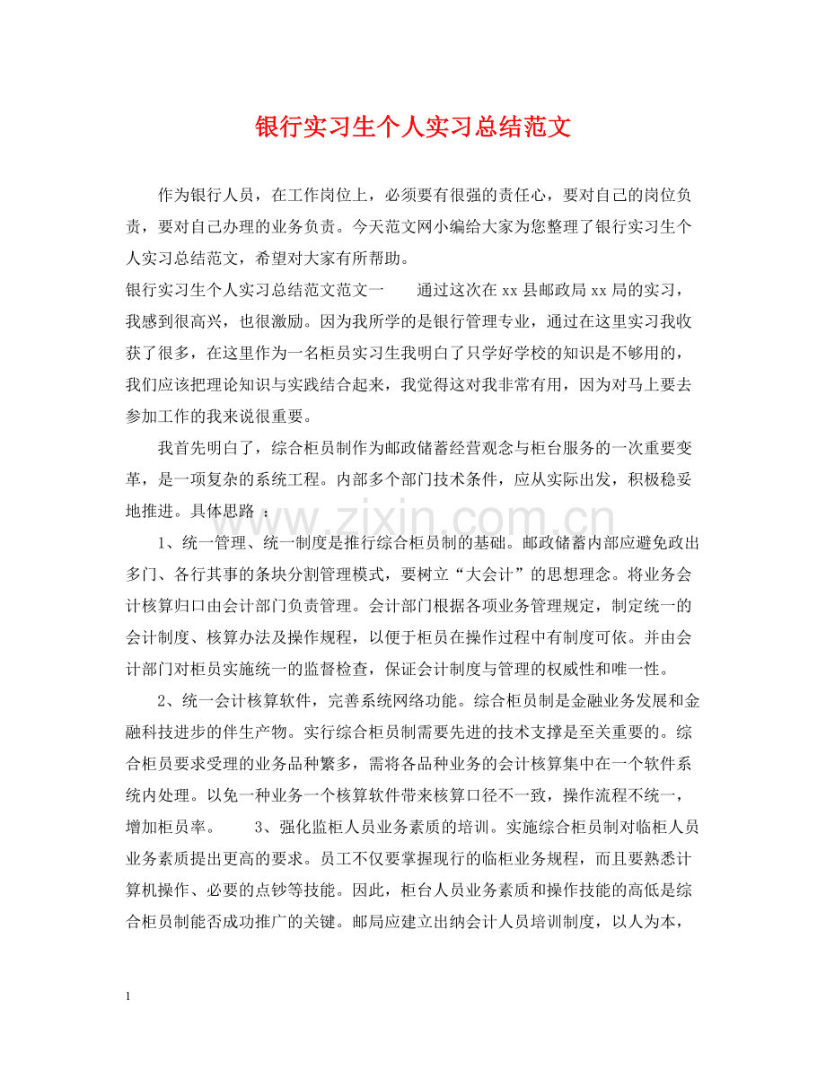 银行实习生个人实习总结范文.docx_第1页