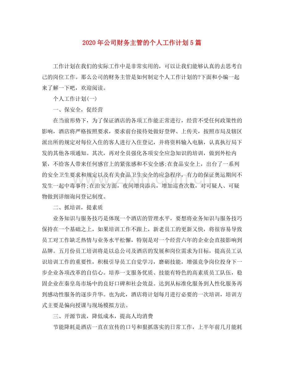 2020年公司财务主管的个人工作计划5篇.docx_第1页