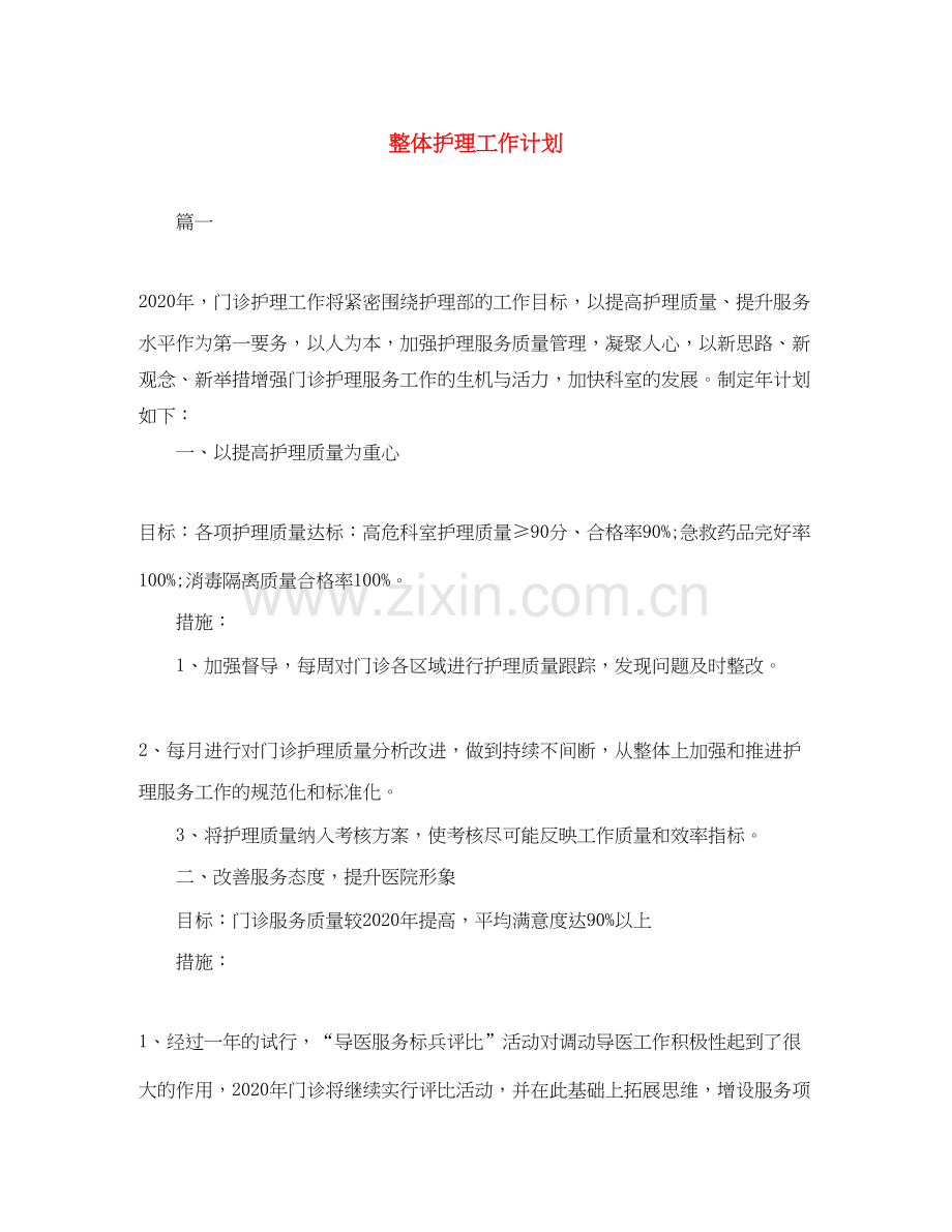 整体护理工作计划.docx_第1页