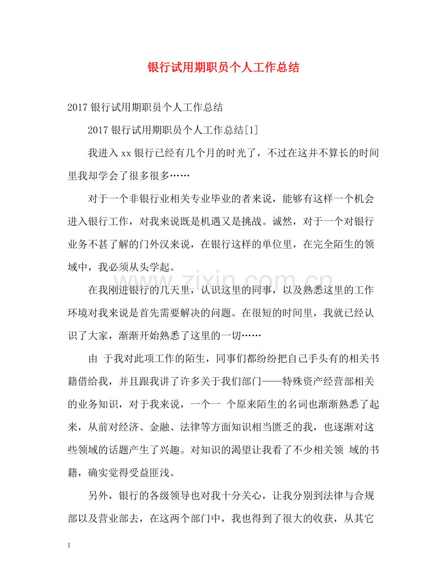 银行试用期职员个人工作总结.docx_第1页