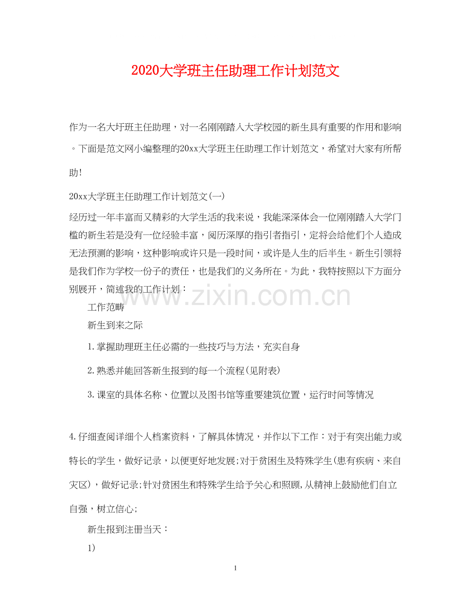 大学班主任助理工作计划范文.docx_第1页
