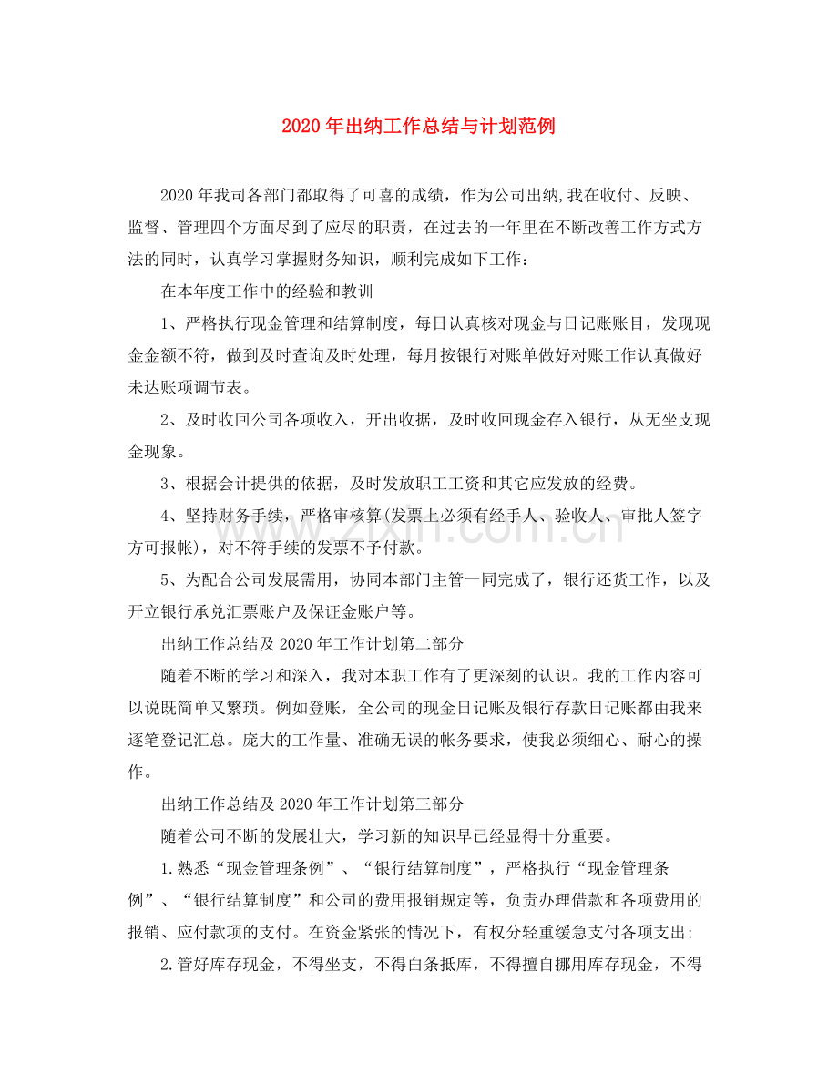 2020年出纳工作总结与计划范例.docx_第1页