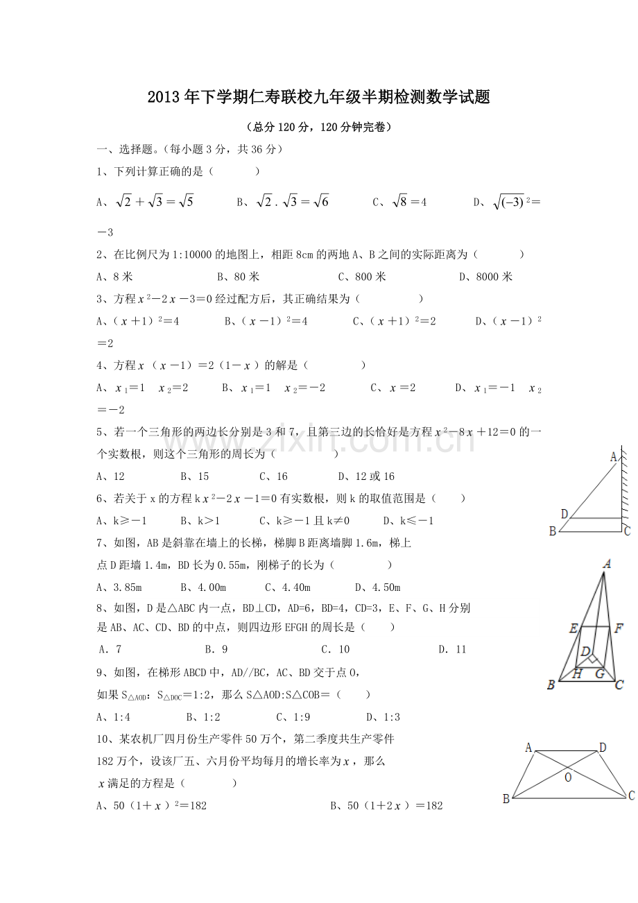 2013年下学期仁寿联校九年级半期检测数学试题.doc_第1页