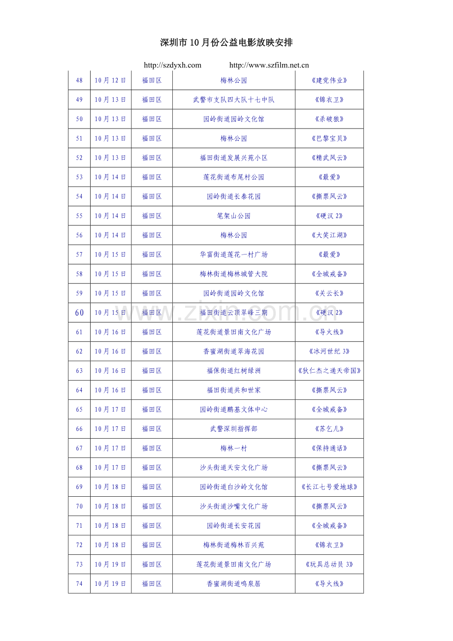 深圳市10月份公益电影放映安排.doc_第1页