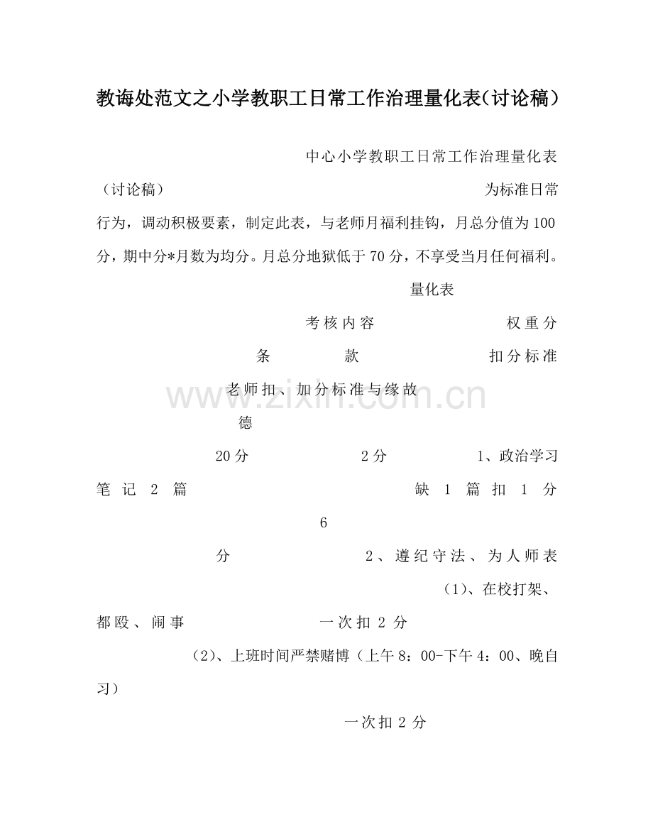 教导处范文小学教职工日常工作管理量化表（讨论稿）.doc_第1页