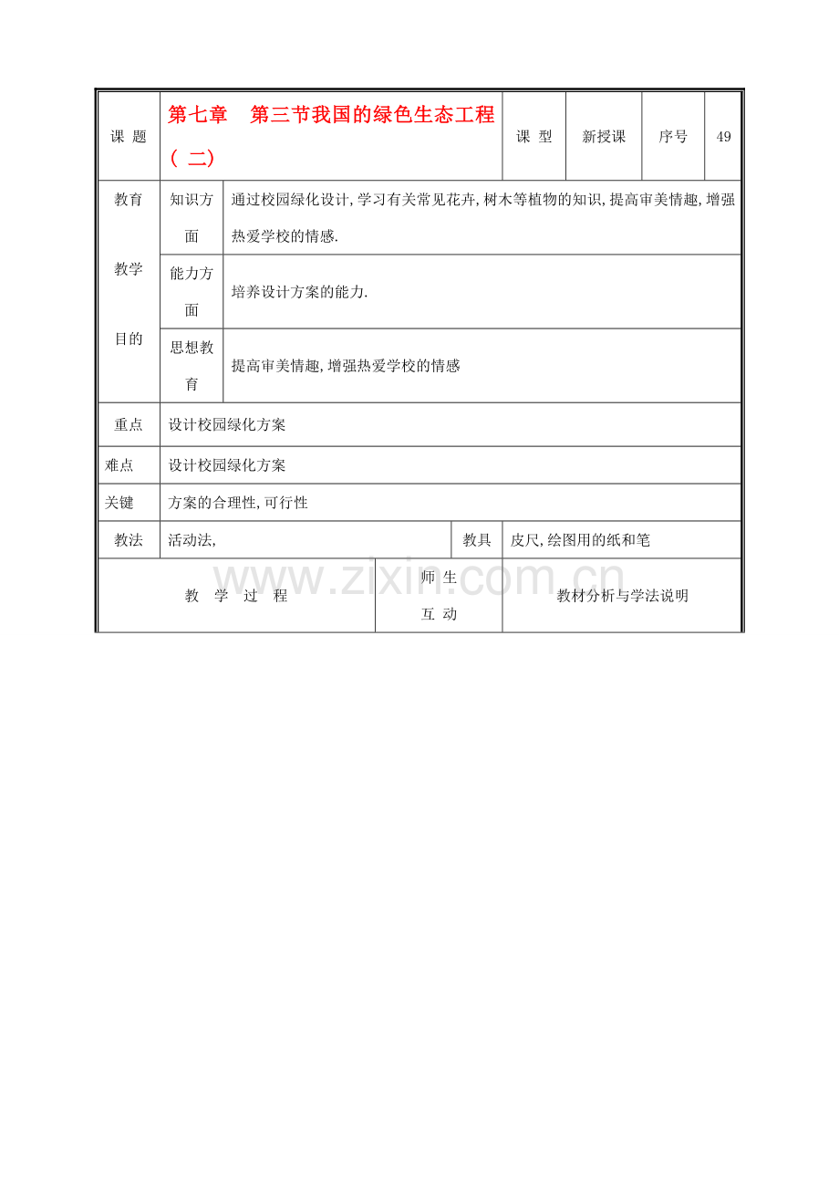 七年级生物上册 3.7.3我国的绿色生态工程教案(二) 北师大版.doc_第1页