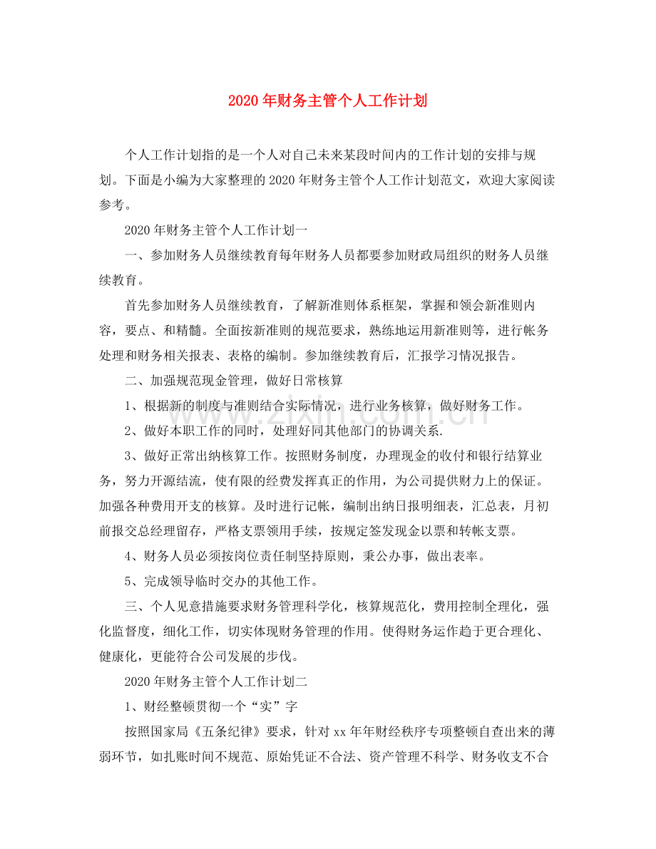 2020年财务主管个人工作计划.docx_第1页