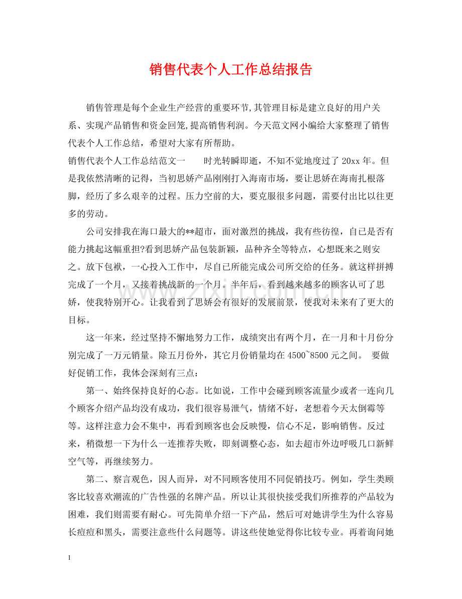 销售代表个人工作总结报告.docx_第1页