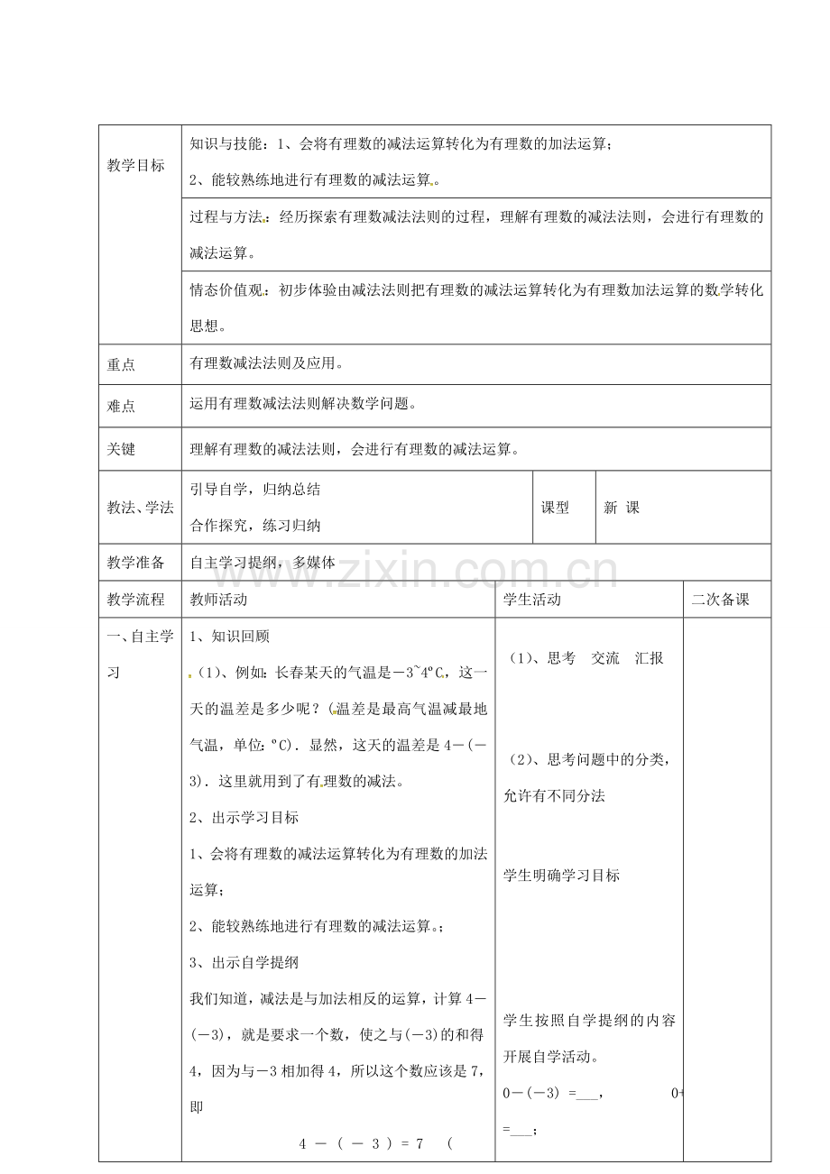 七年级数学上册 1.3.2 有理数的减法教案 新人教版-新人教版初中七年级上册数学教案.doc_第1页