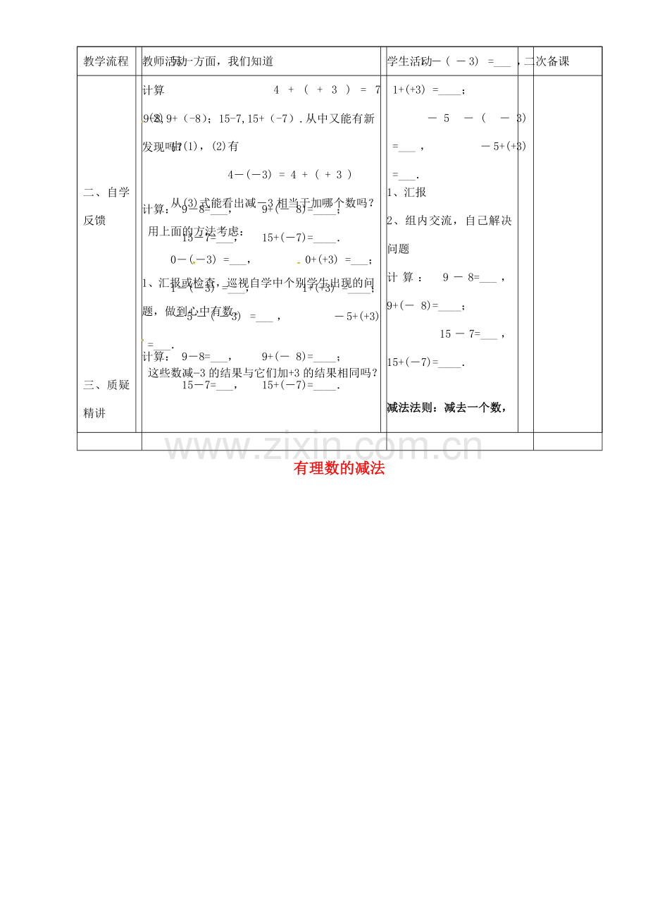 七年级数学上册 1.3.2 有理数的减法教案 新人教版-新人教版初中七年级上册数学教案.doc_第2页