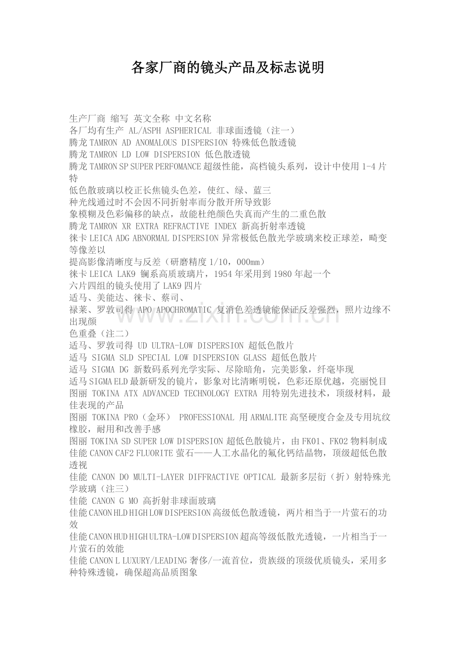 各家厂商的镜头产品及标志说明.doc_第1页