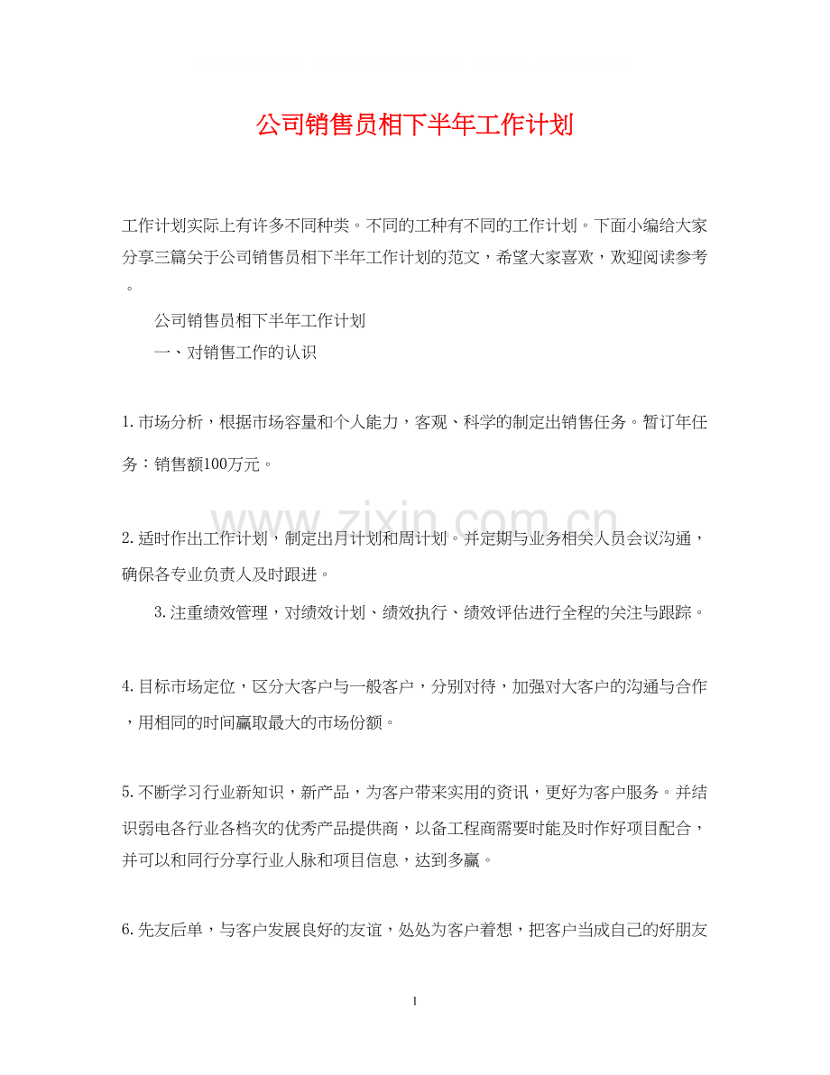 公司销售员相下半年工作计划.docx_第1页