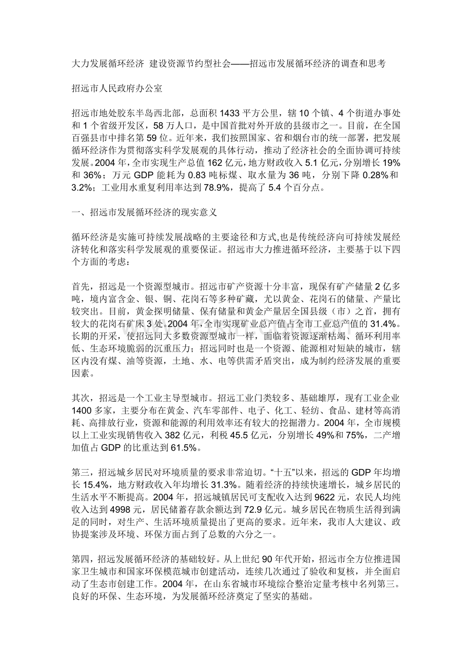 大力发展循环经济建设资源节约型社会——招远市发展循环经济调查及思考.doc_第1页