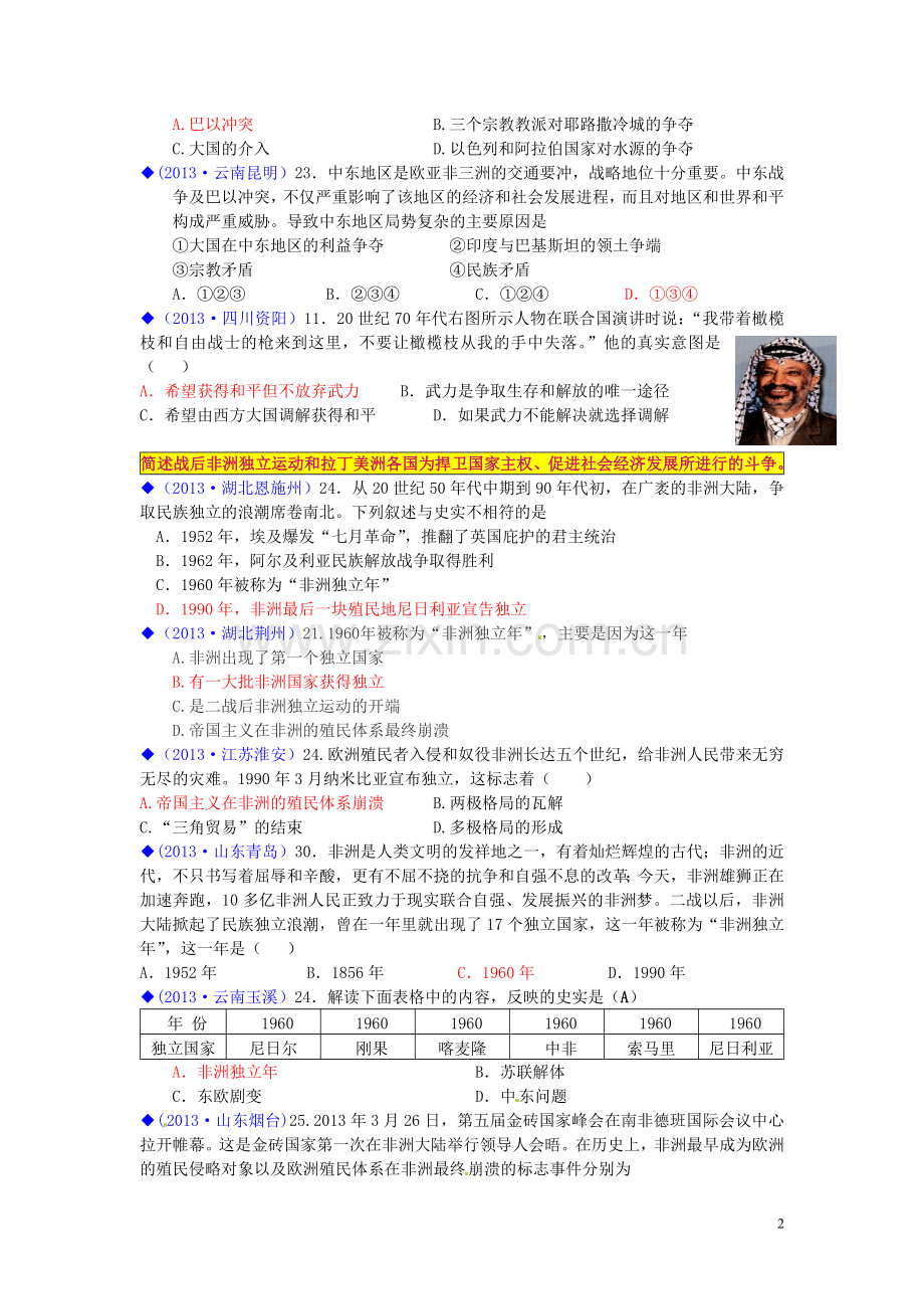 (按川教版体系分类)全国各地2013年中考历史试卷汇编《世界历史》九年级下册-世界现代史第五学习主题-亚非.doc_第2页
