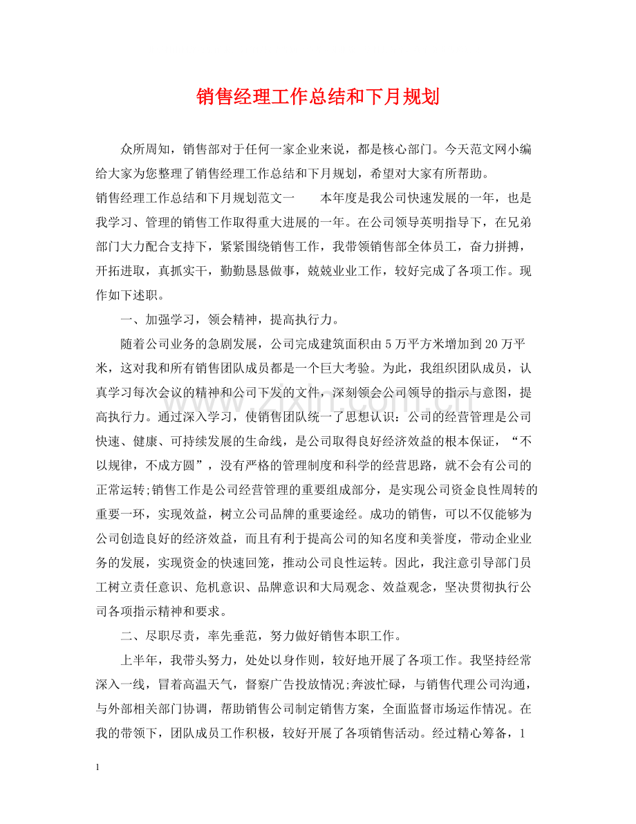 销售经理工作总结和下月规划.docx_第1页
