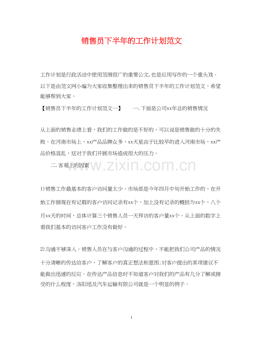销售员下半年的工作计划范文.docx_第1页
